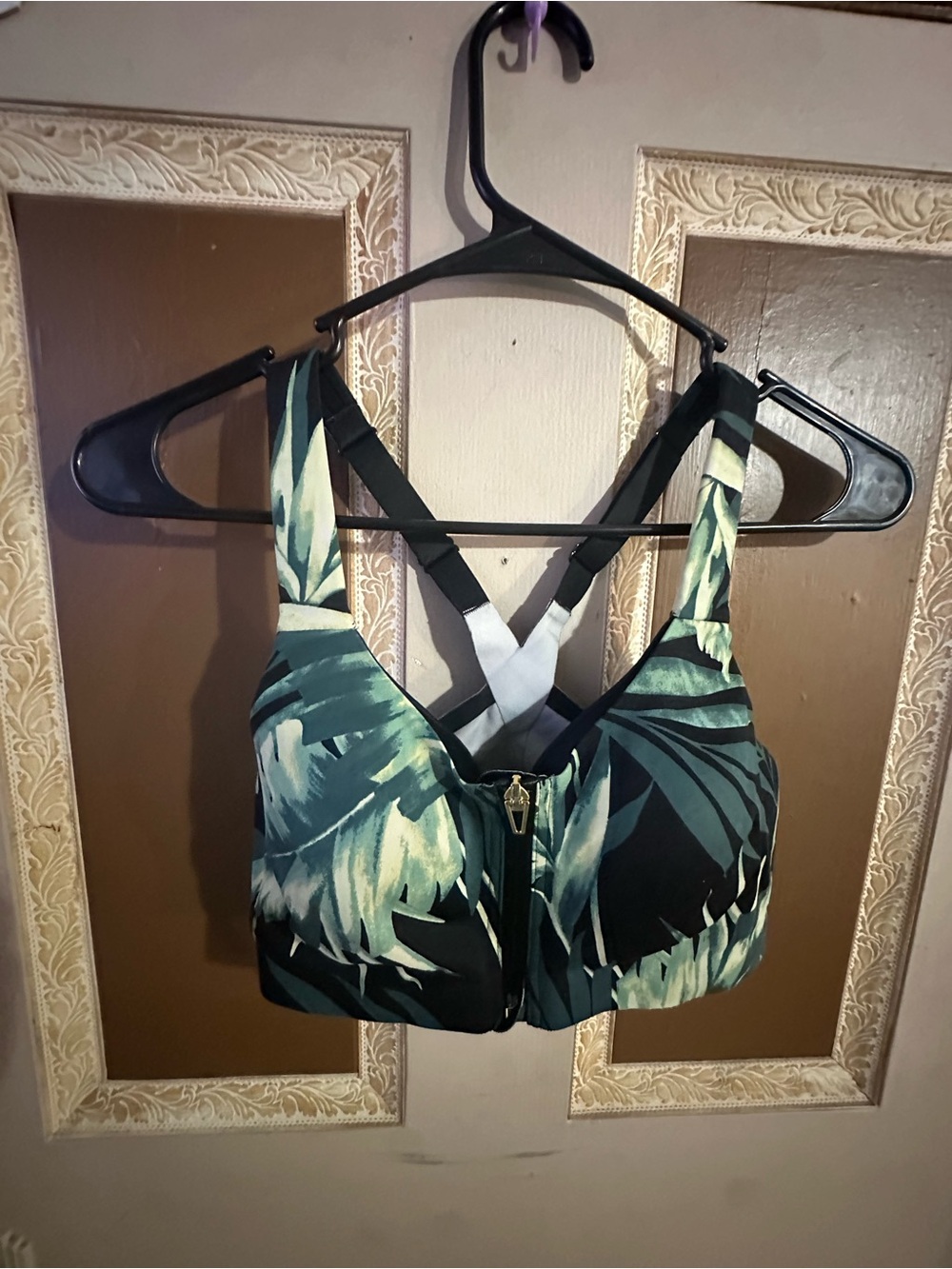 Tropical Leaf Front-Zip Sports Bra - Teal/Black
